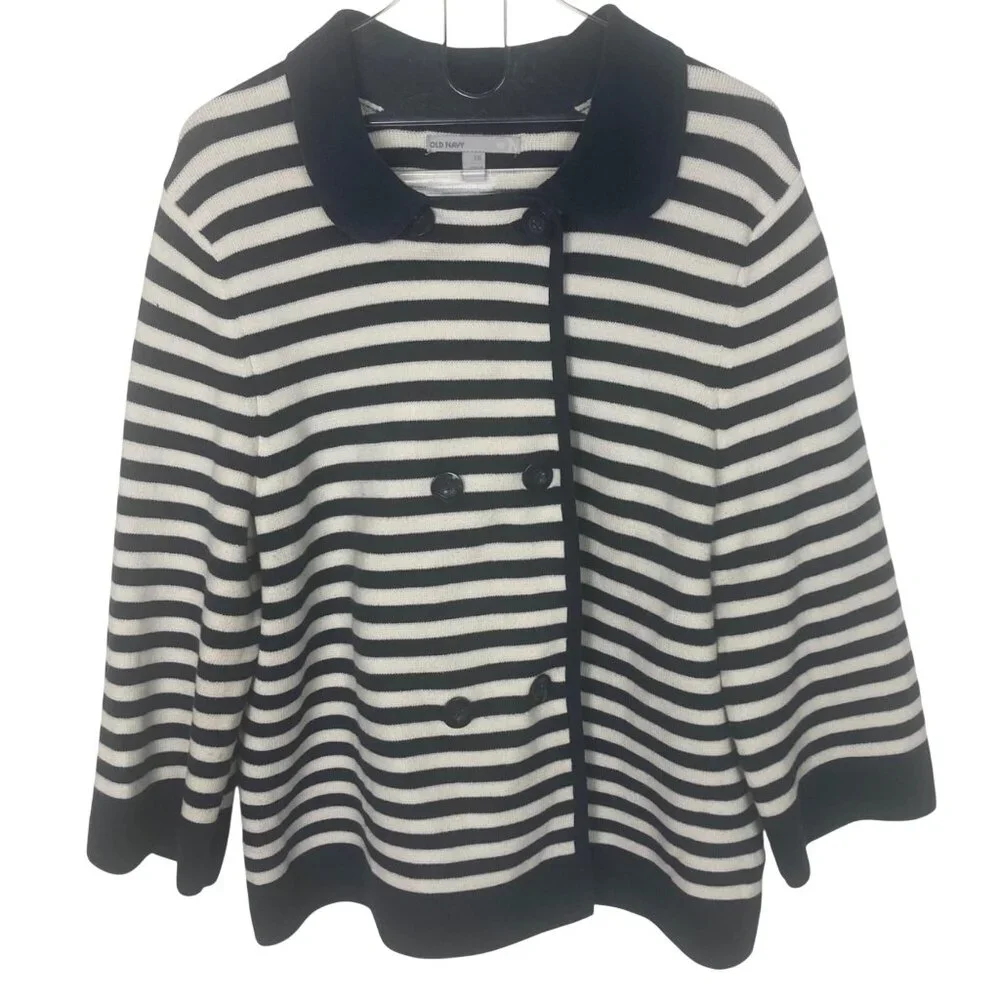 Old Navy Striped Sweater Jacket Womens XXL Blue White Cotton Nautical Preppy